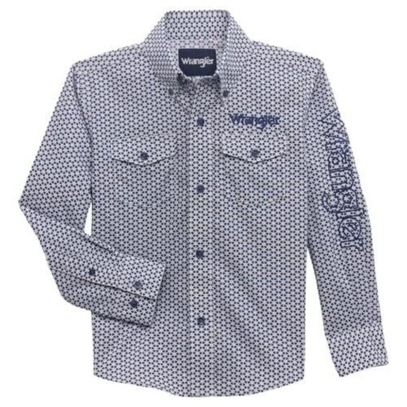 Wrangler Men's Long Logo Sleeve Geo Print Snap Western Shirt Blue/White - Picture 1 of 3